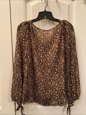 White House Black Market Brown Leopard Print Sheer Tie-Cuff Blouse